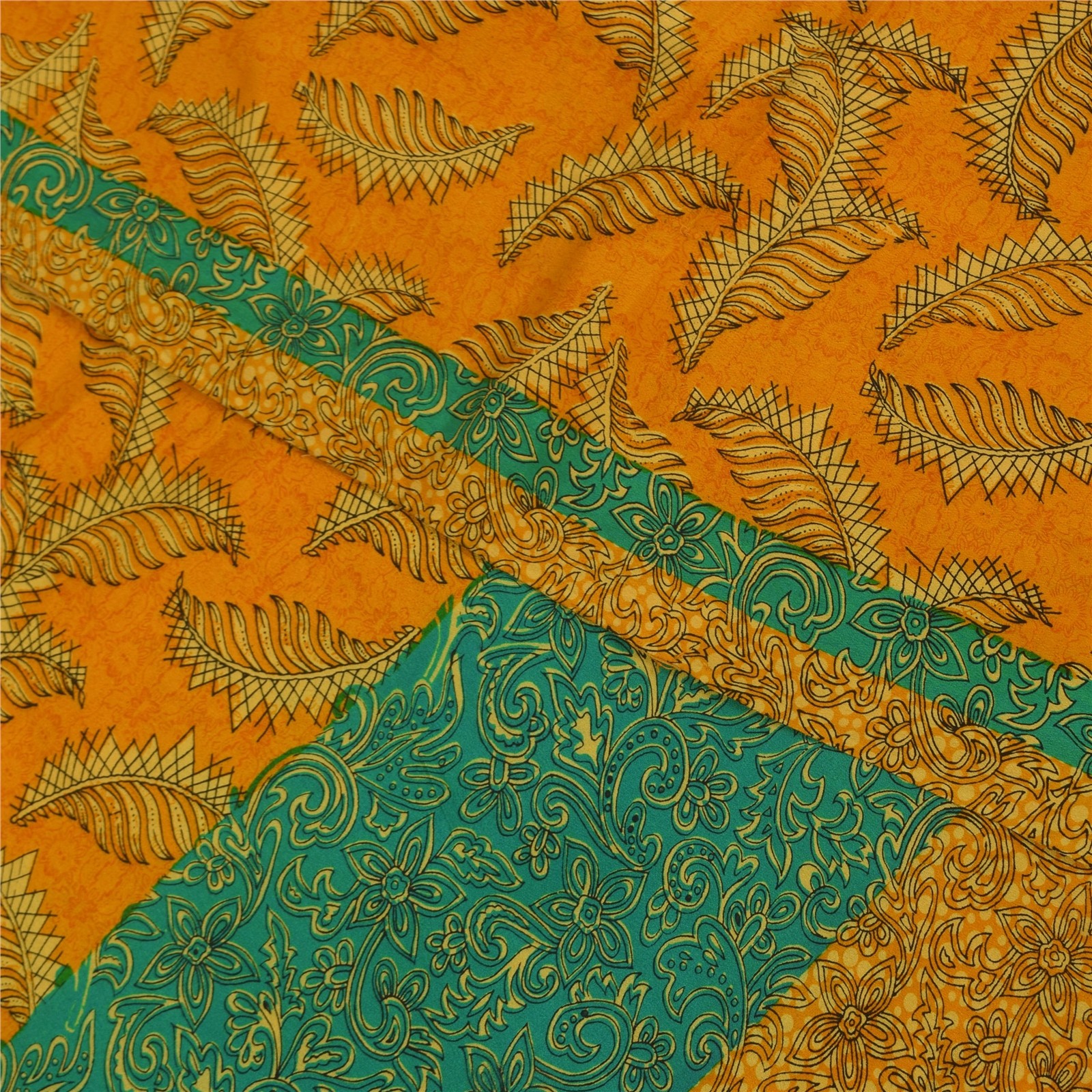 Sanskriti Vintage Sarees Yellow Pure Crepe Silk Printed Sari 5+Yd Craft Fabric