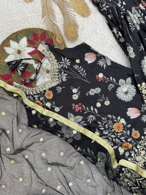 New Beautiful Black Chinon Silk Top Palazzo With Dupatta For Women And Girls