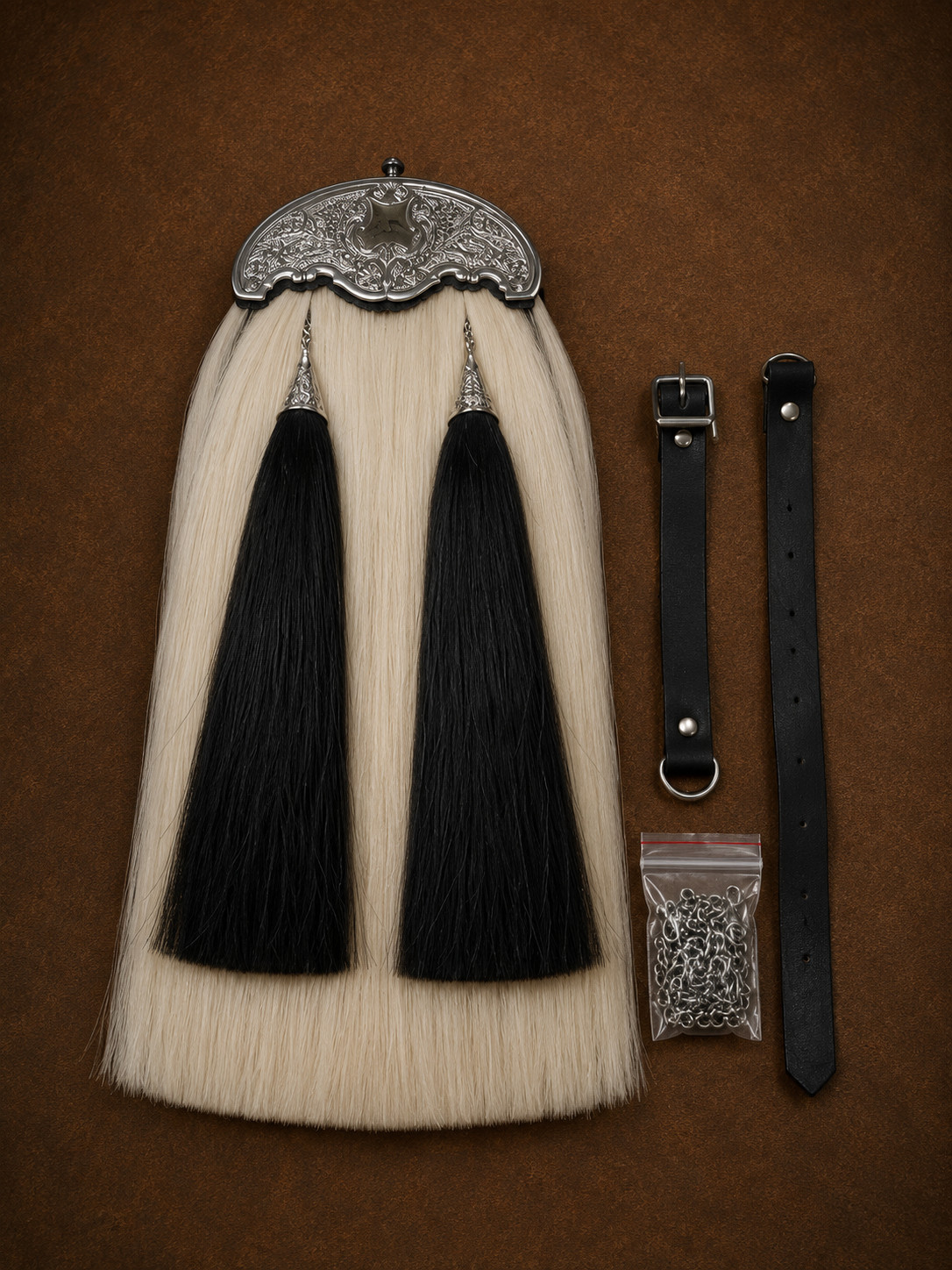 Scottish Full Dress Horsehair Sporran White Black Leather Back Chain