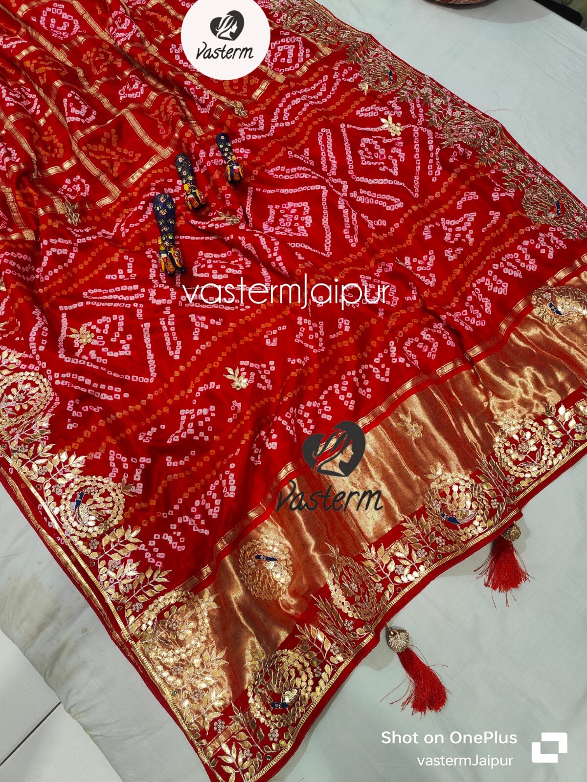 Red Gajji Silk Saree Blouse Hand Zardozi Work Saree Women Wedding Gharchola Sari