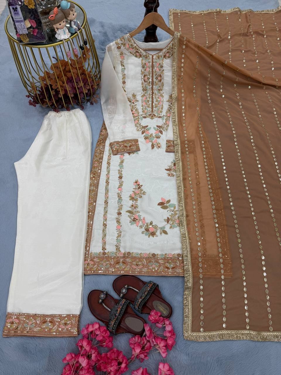 Stunning Pure Silk White Top Palazzo With Brown Dupatta For Festival Wear