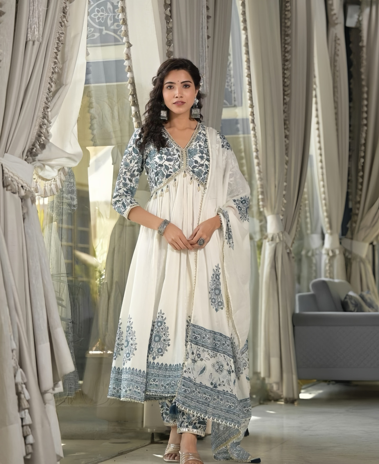 Designer Anarkali Suit Set with Dupatta White and Blue Floral Print Cotton