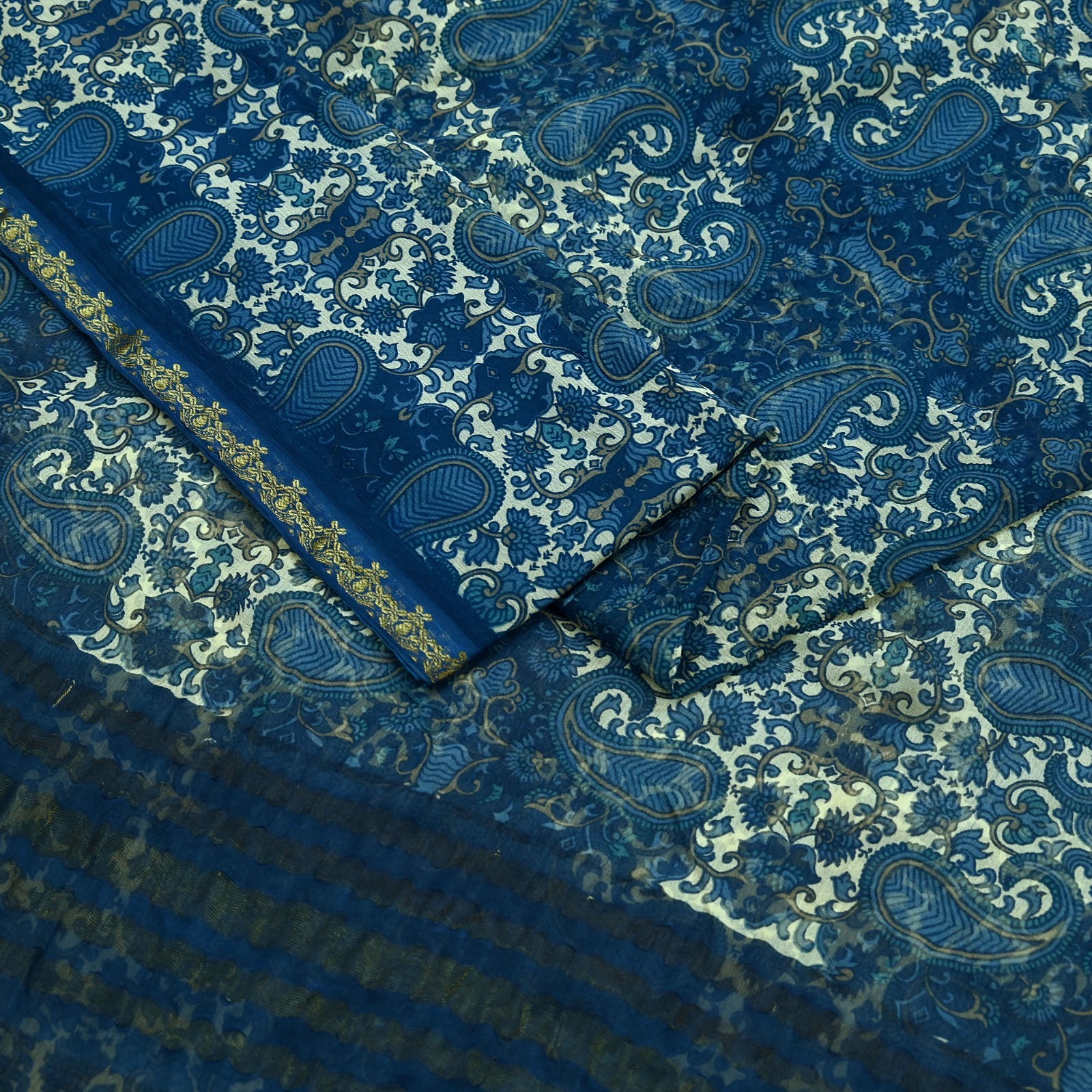 Vintage Pure Chiffon Silk Sarees Printed Paisley Floral 5 Yards Fabric Sari Zari