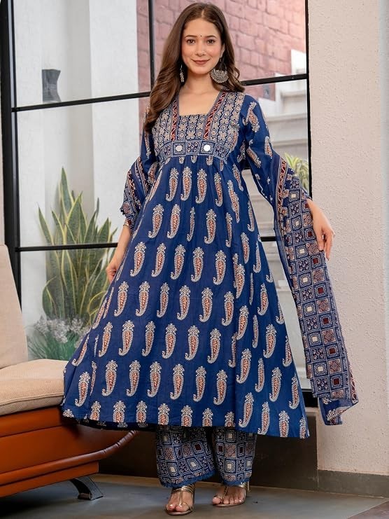 Woman’s Pure Cotton A-Line Kurta Sets with Palazzos & Dupatta|Kurti Set for Woma