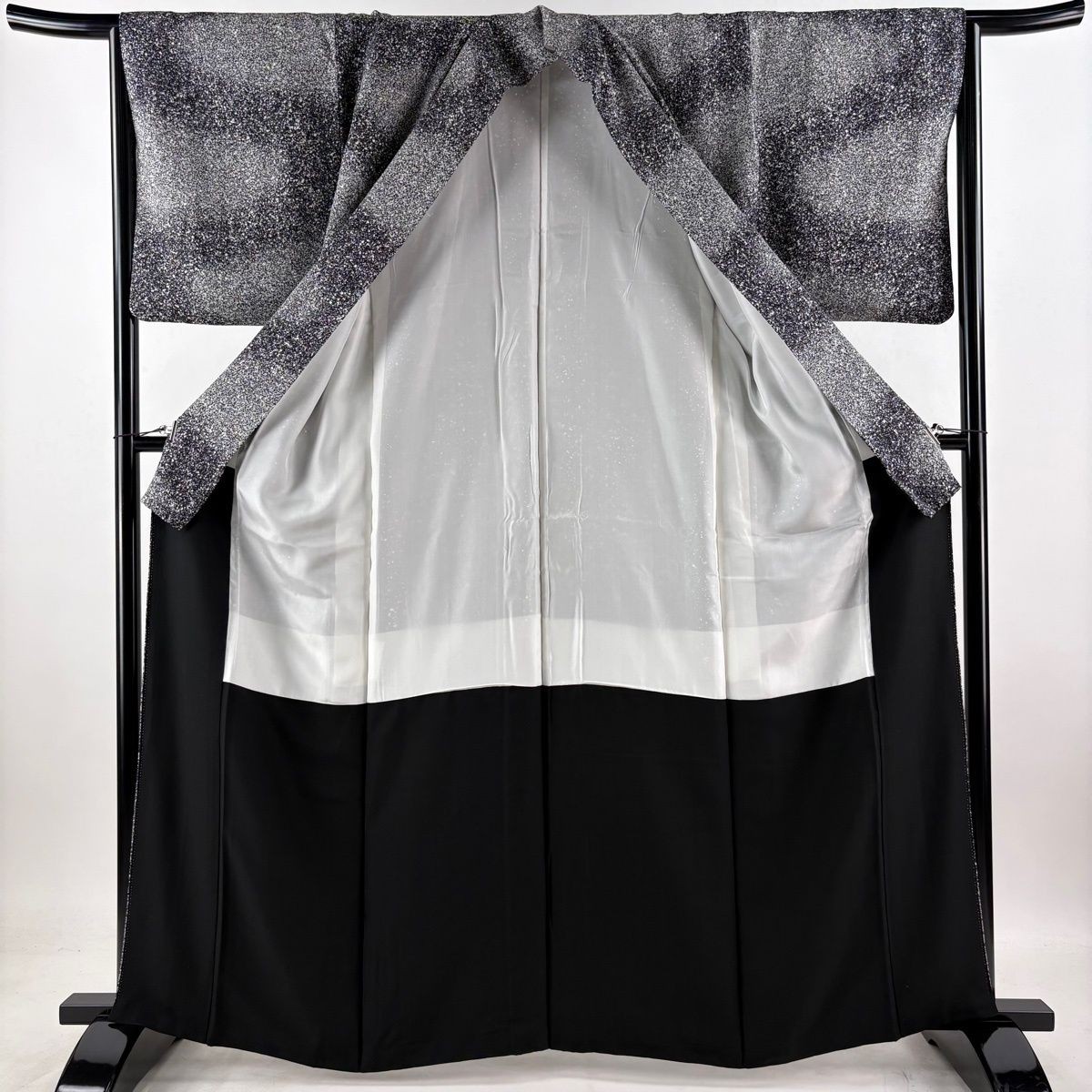 Komon Kimono Signed Geometric Haze Black Gray Silk 164cm M Lined Japanese