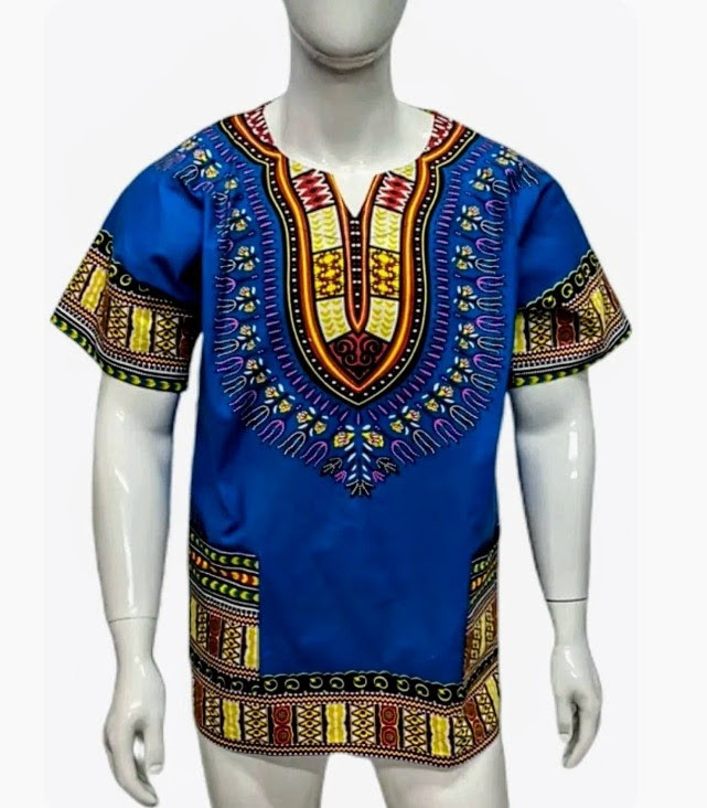 Slim Fit Royal Blue Kids Traditional Unisex African Dashiki top in Size 12