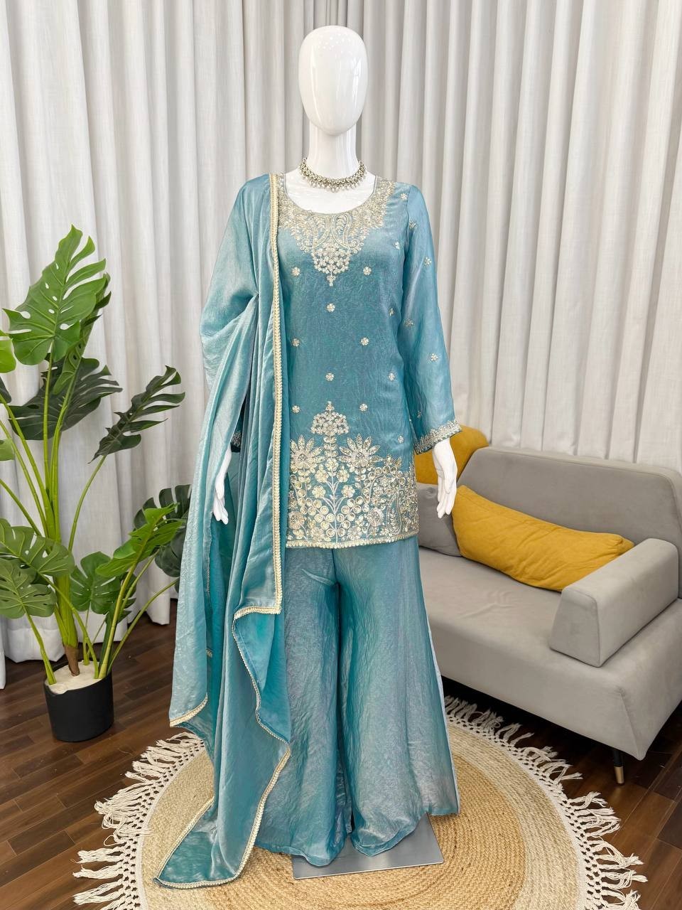New Presenting Heavy Silk Sky Blue Top Palazzo With Dupatta For Wedding Wear