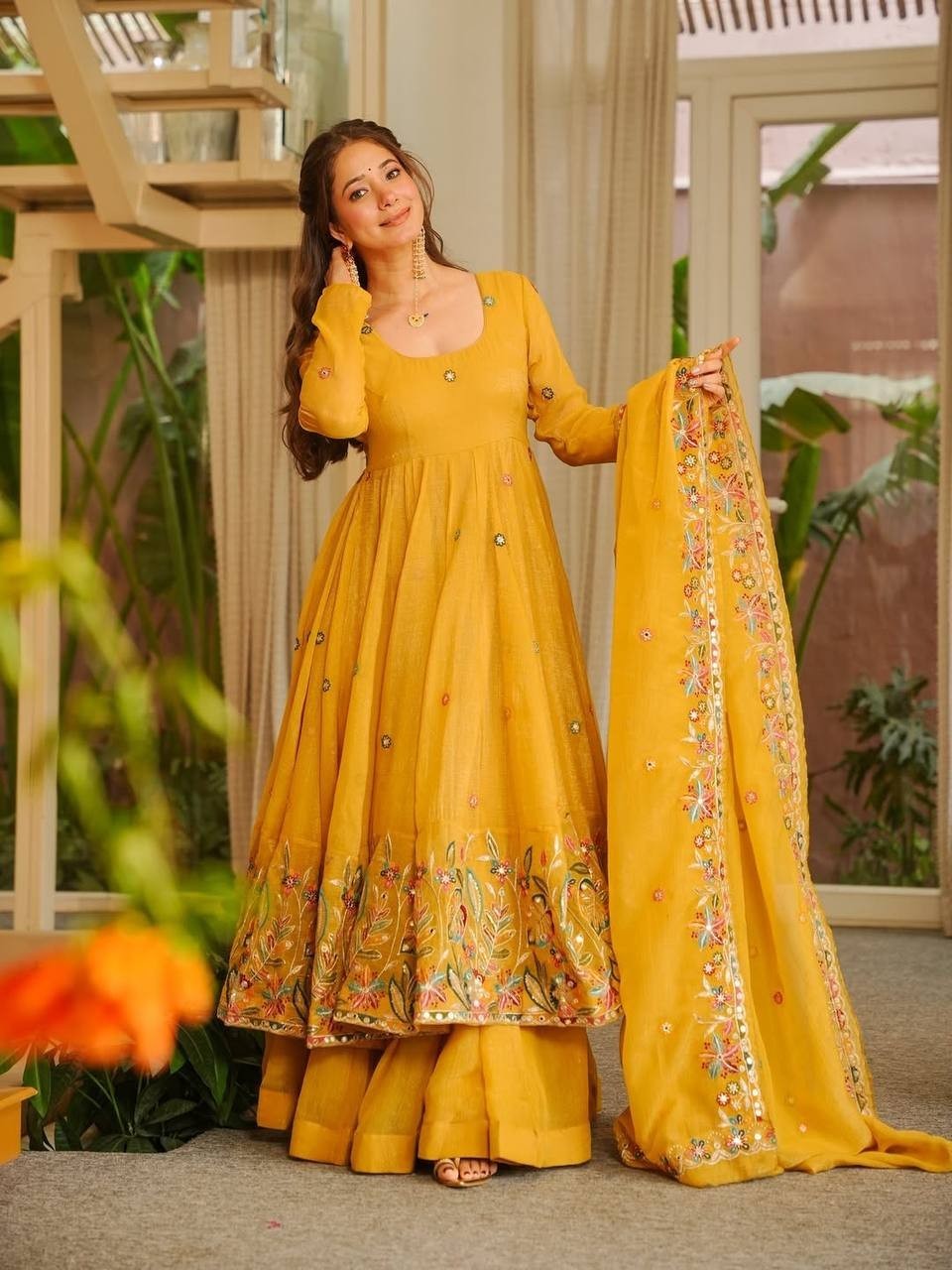 Crunchy Silk Beautiful Yellow Kurta Palazzo With Dupatta For Haldi Function