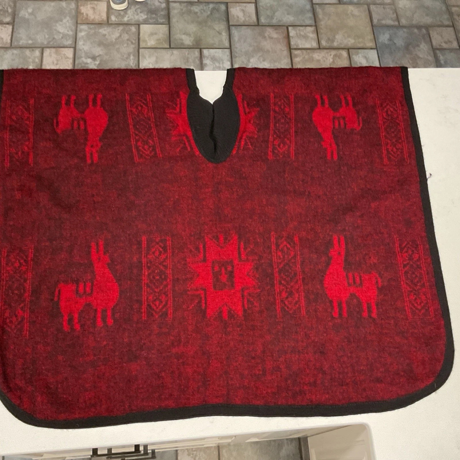 Handmade Black and Red Wool Poncho Latin American Andean Llama Motifs One Size
