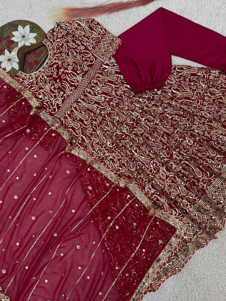 Maroon Anarkali Gown Pakistani Dress Salwar Kameez Ready To Wear Wedding Party L