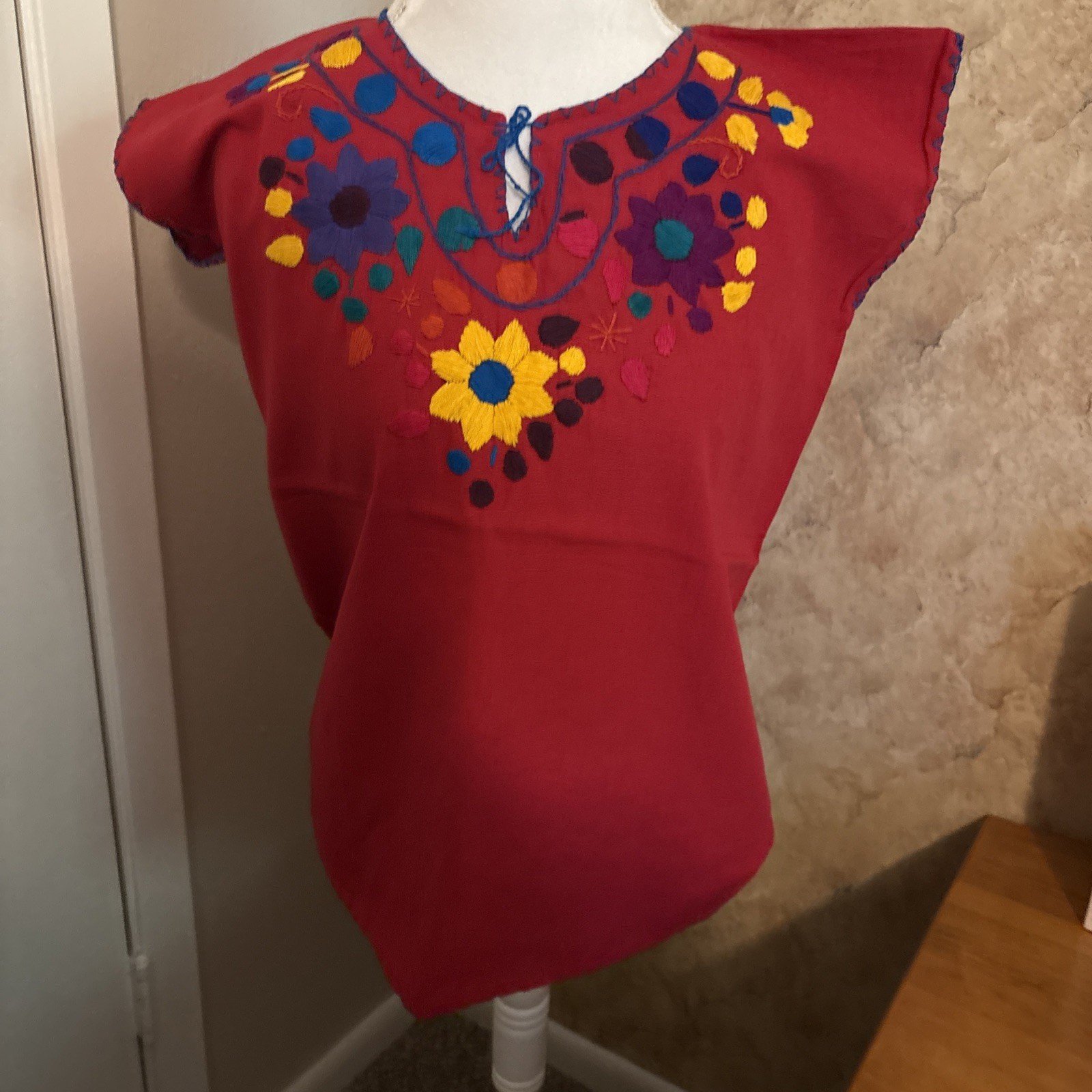 Embroidered Red Mexican Blouse Handmade Size M