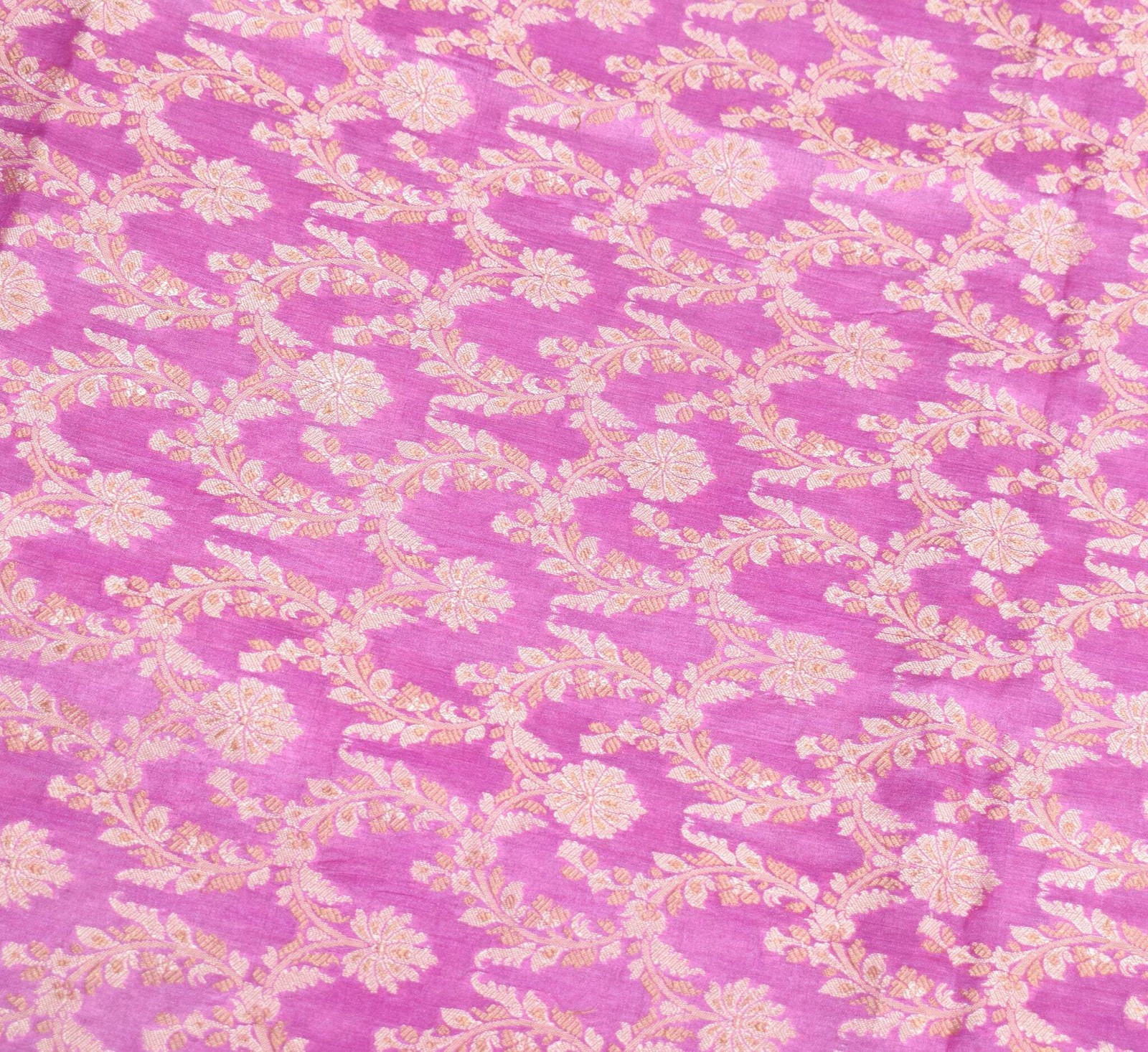 Sushila Vintage Fuchsia Pink Saree Pure Tussar Silk Floral Woven Sari Fabric