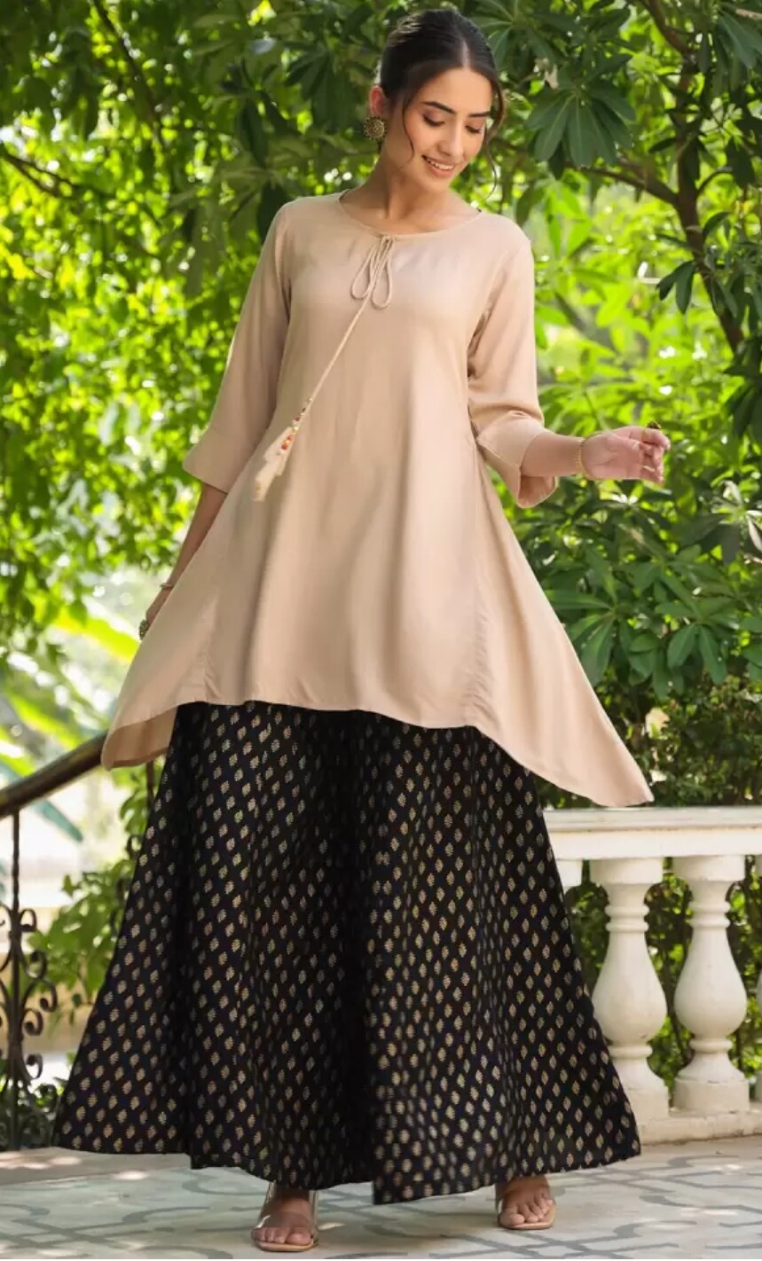 Indian Wear; Women Solid Assymetrical Rayon A-line Kurta with Palazzo