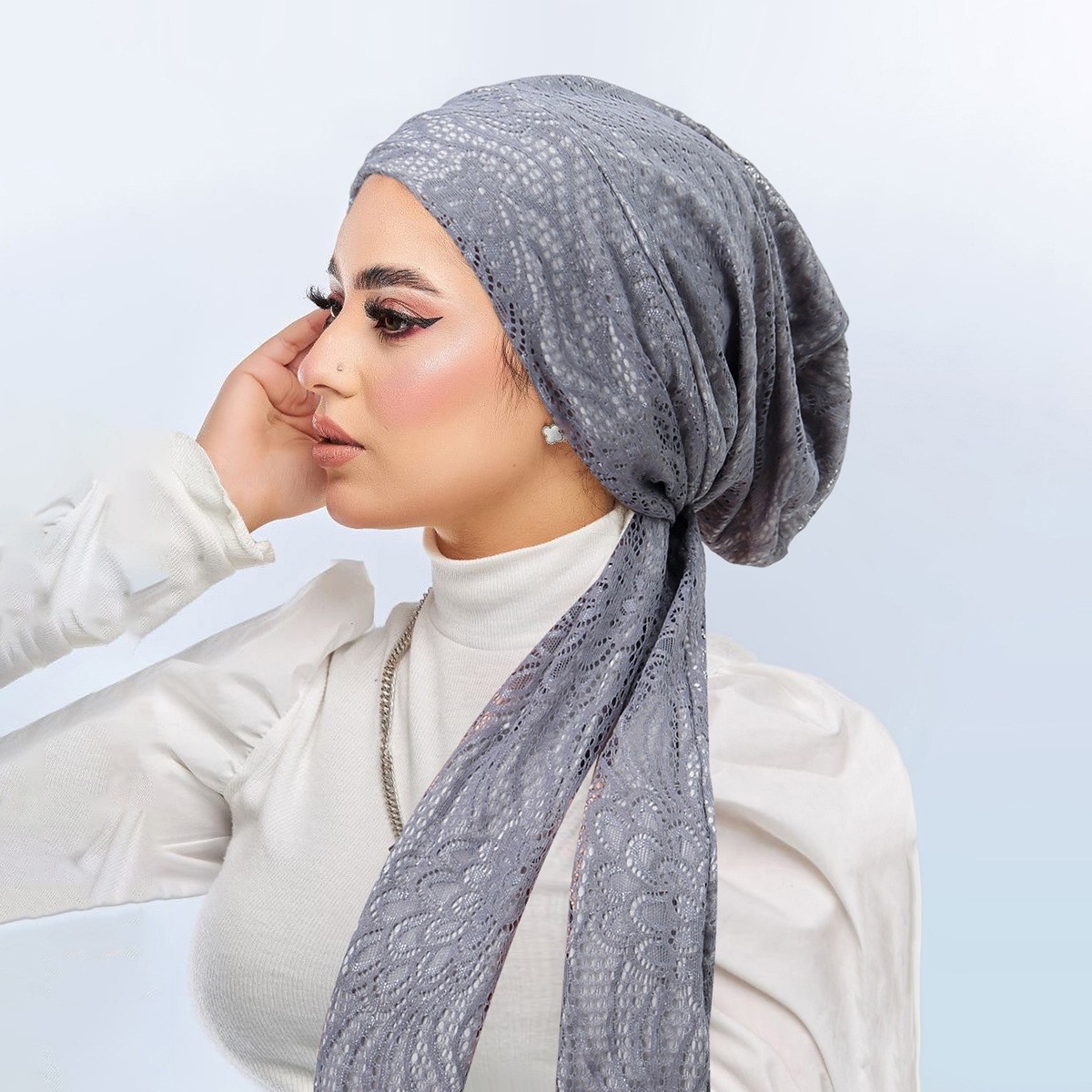 Solid Color Lace Women Turban Cap Elegant Muslim Fashion Strap Hollow Out Scarf