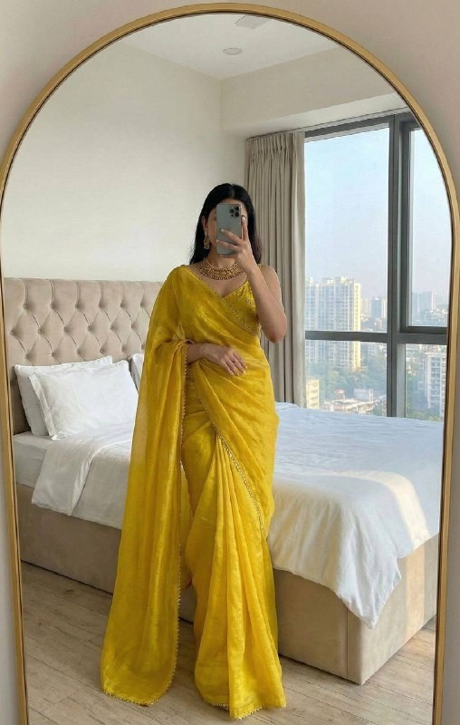 Yellow Designer Exclusive Fancy Space Silk Border Work Saree Embroidered Blouse