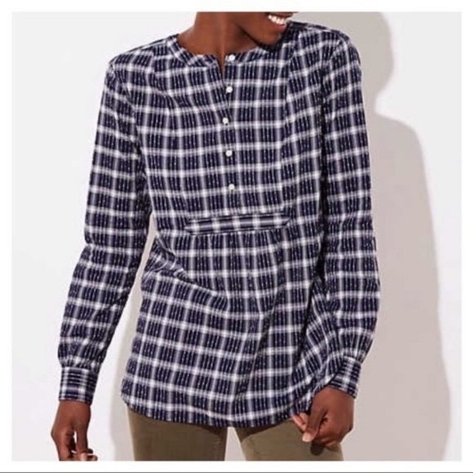 Ann Taylor LOFT small Plaid Bib Popover Henley Tunic Top spring lightweight