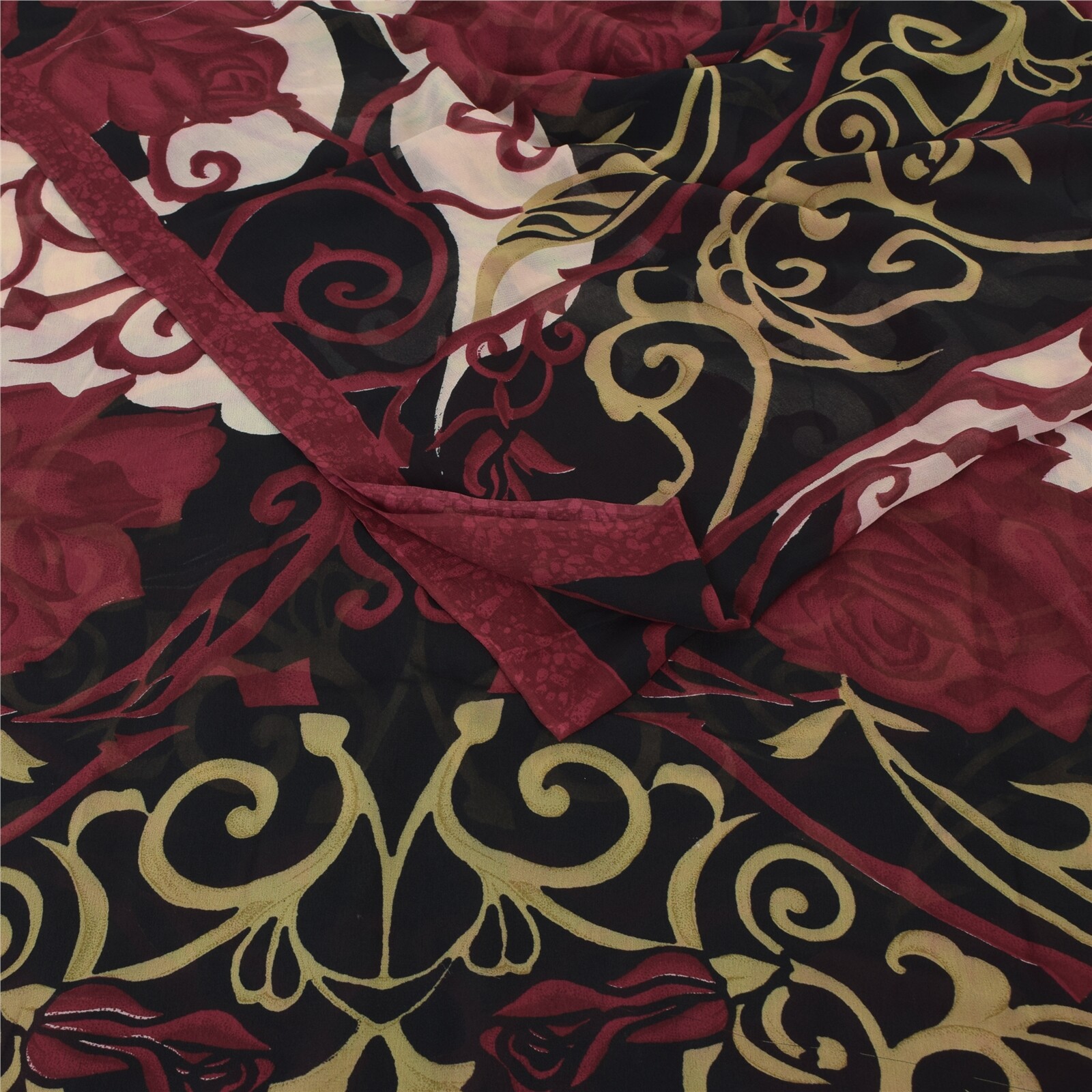 Sanskriti Vintage Sarees Red/Black Pure Georgette Silk Printed Sari 5Yd Fabric