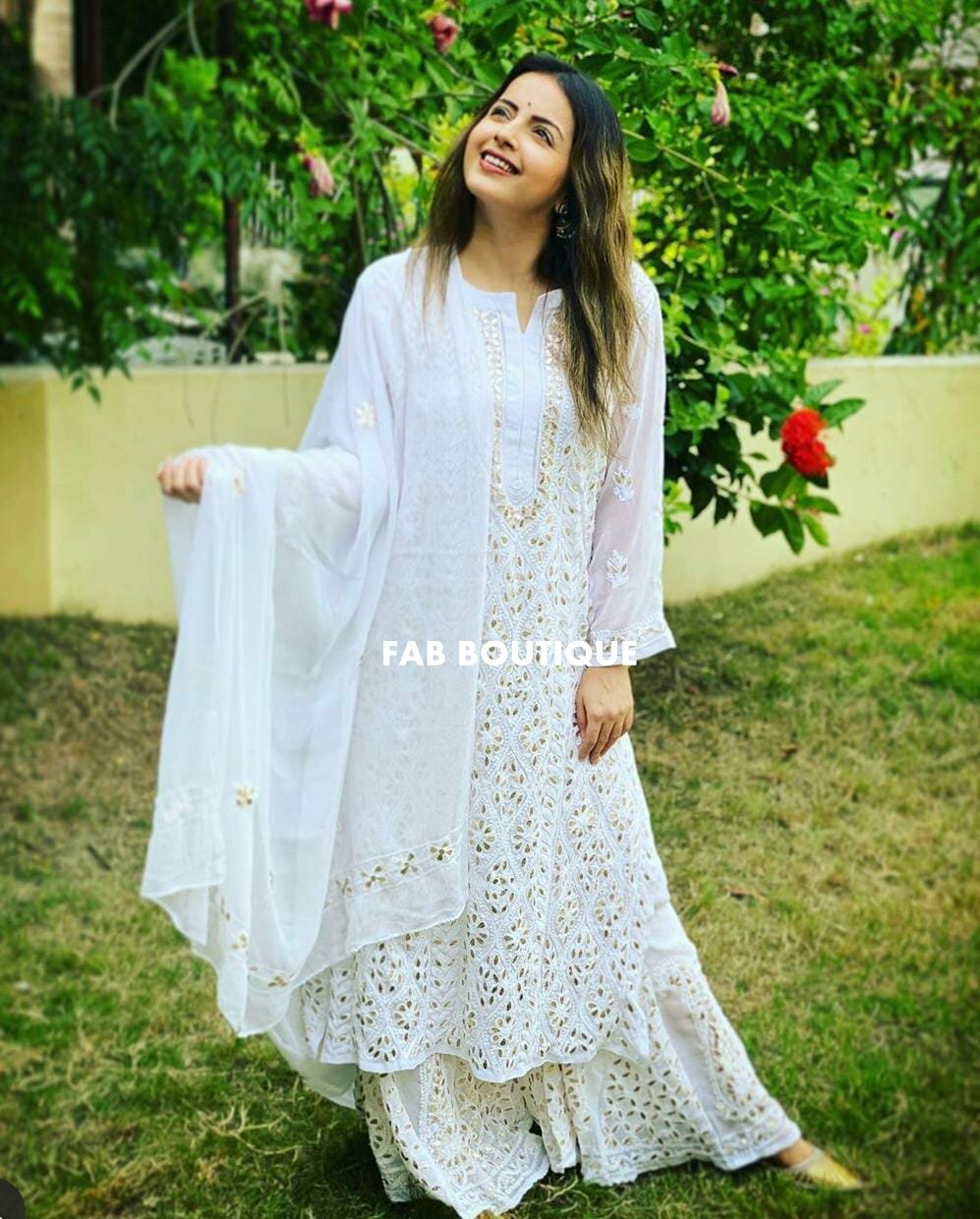 Handmade Chikankari White Georgette Gota Patti Kurta Palazzo Set With Dupatta