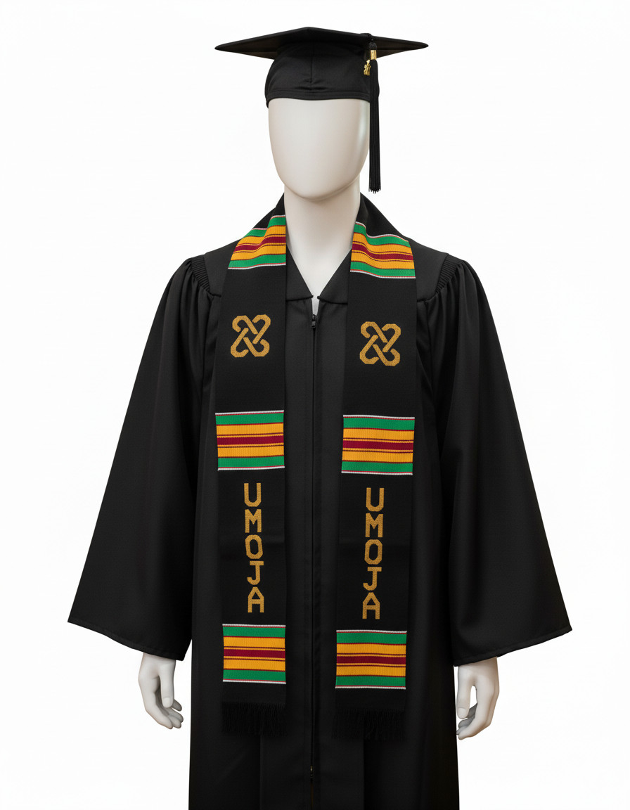 UMOJA Unity Kente Stole, Black with Gold and Green African Graduation Sash
