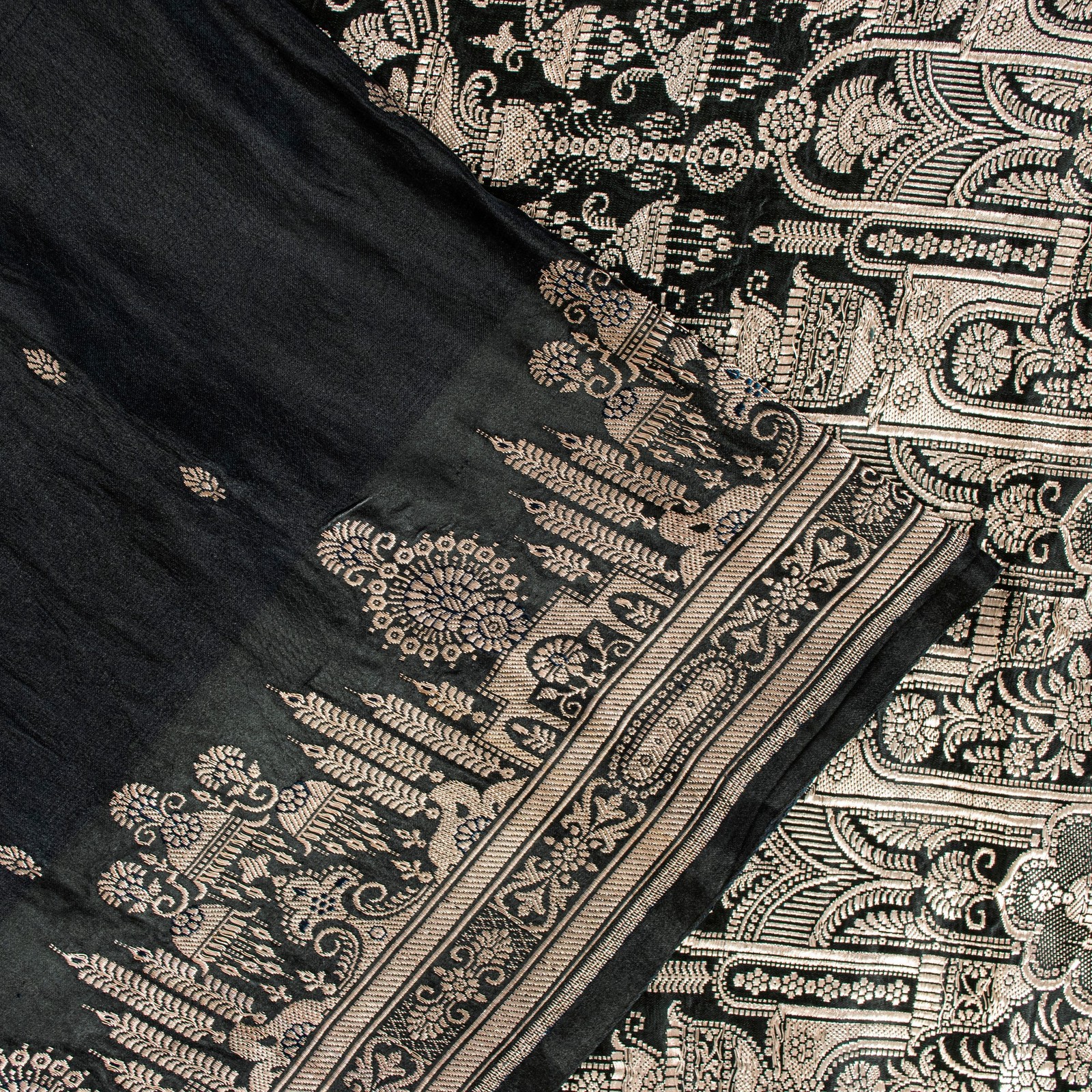 Sanskriti Vintage Black Pure Satin Sarees Banarasi Brocade Zari Hand-Woven 6+Yd