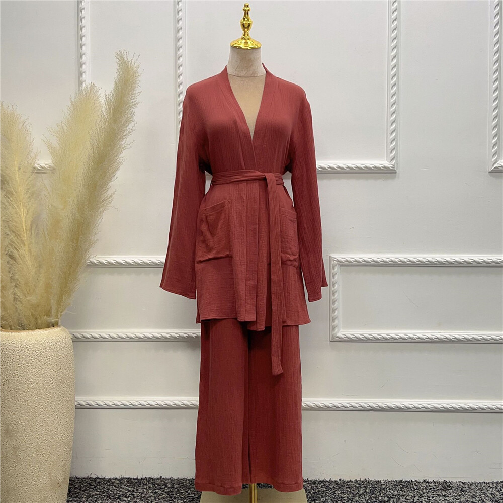Dubai Muslim Women Long Sleeve Blouse Pants Outfits Two Piece Set Abaya Kaftan