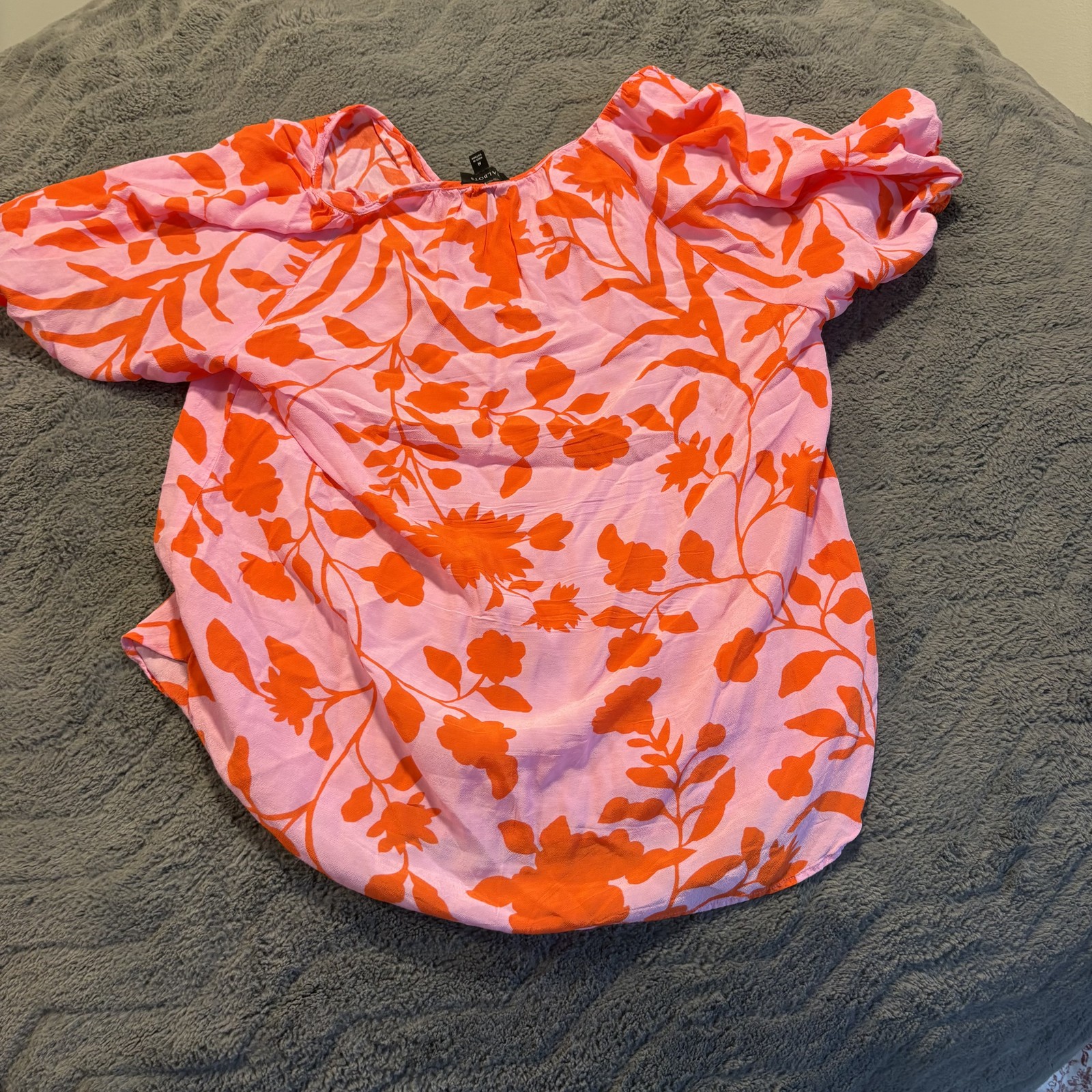 Talbots Women’s Floral Blouse Split Neck Puff Sleeve Boho Pink Orange Size M