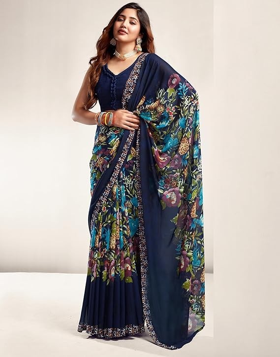 Women’s Floral Printed Georgette Saree with Unstitched Blouse Piece