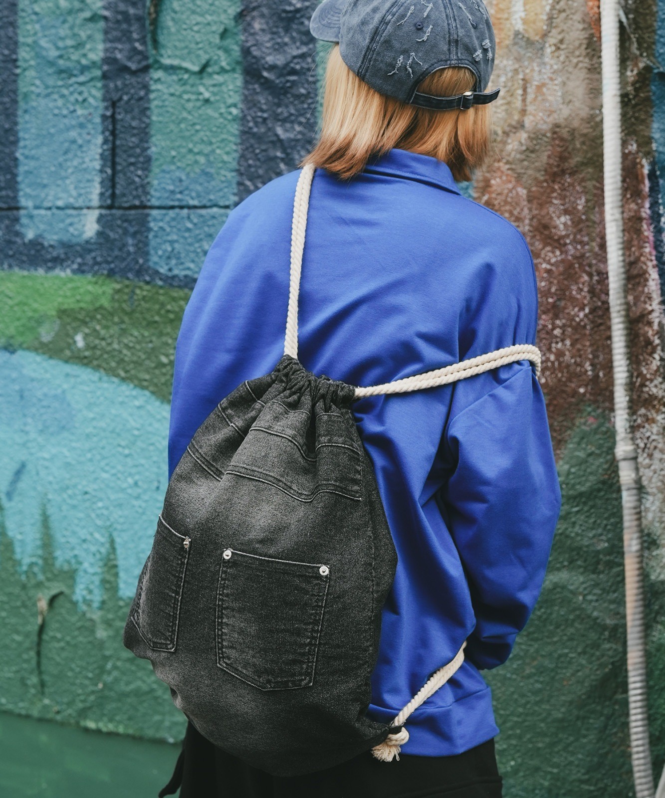 DEVICE Washed Denim Drawstring Backpack Unisex Vintage Finish RRD24049