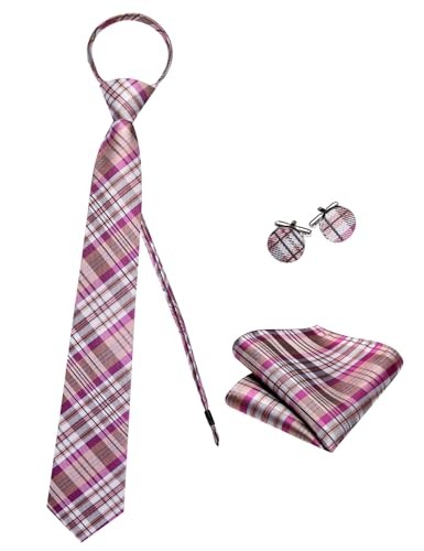 Zipper Ties for Men Pre-Tied Tie Set Silk Paisley Adjustable Necktie and Pink