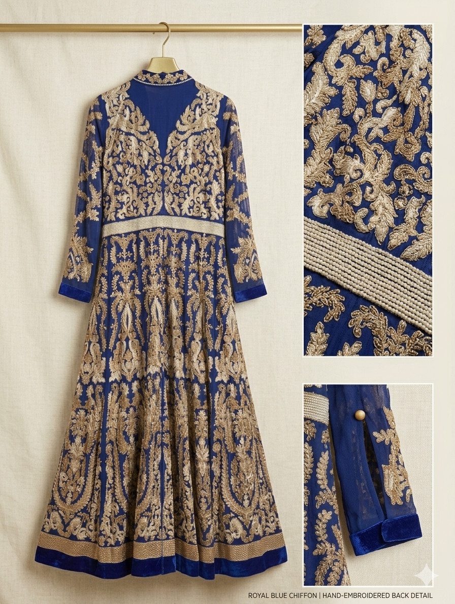 Vintage Hand-Embroidered Indian Anarkali Gown – Indigo Blue & Gold Chiffon Dress