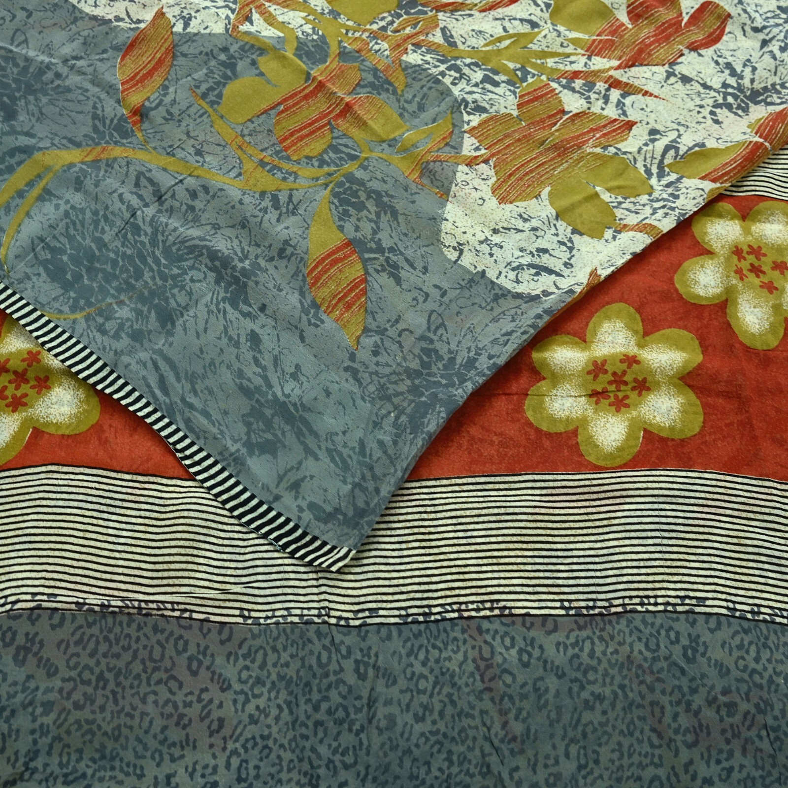 Vintage Sari Ivory & Gray Pure Georgette Silk Printed Sarees Sewing 5yard Fabric