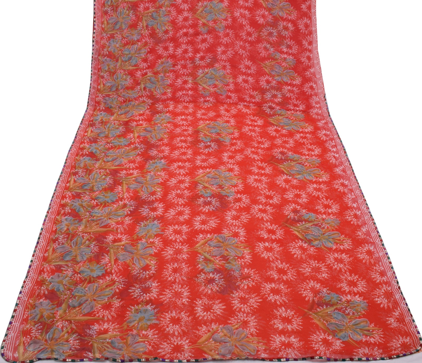 Sushila Vintage Red Saree Blend Georgette Silk Printed Floral 5 YD Craft Fabric