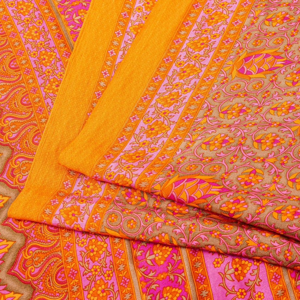 Sanskriti Vintage Sarees Craft Orange & Pink Floral Print 5+Yd Moss Crepe Sari