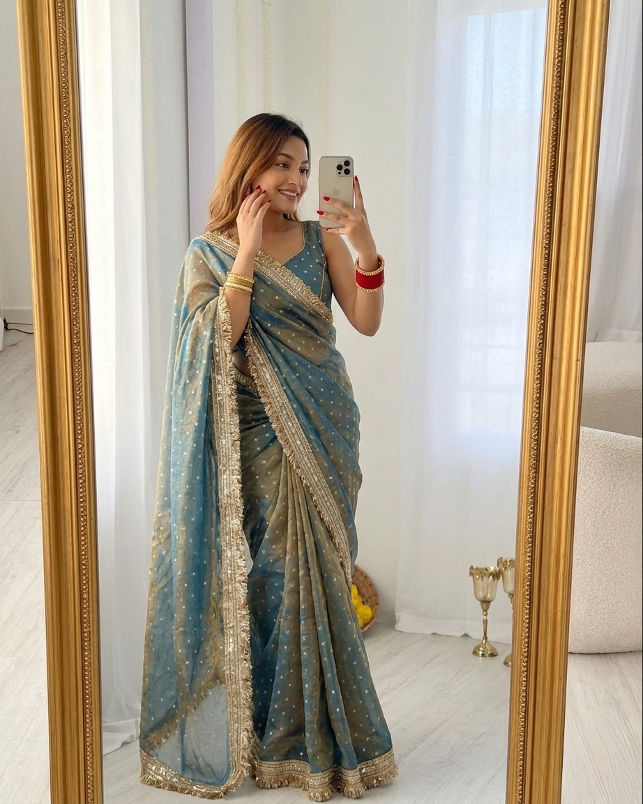 Shimmer Organza Silk Saree Heavy Golden Fringe Border Party Wear Sari Women Silk