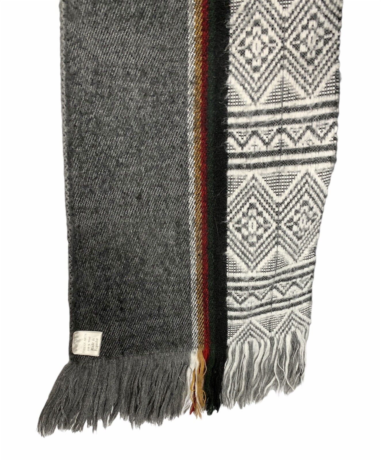 Vintage Indian Arts Poncho Wool Gray Green Red Yellow Stripe Black Ecuador