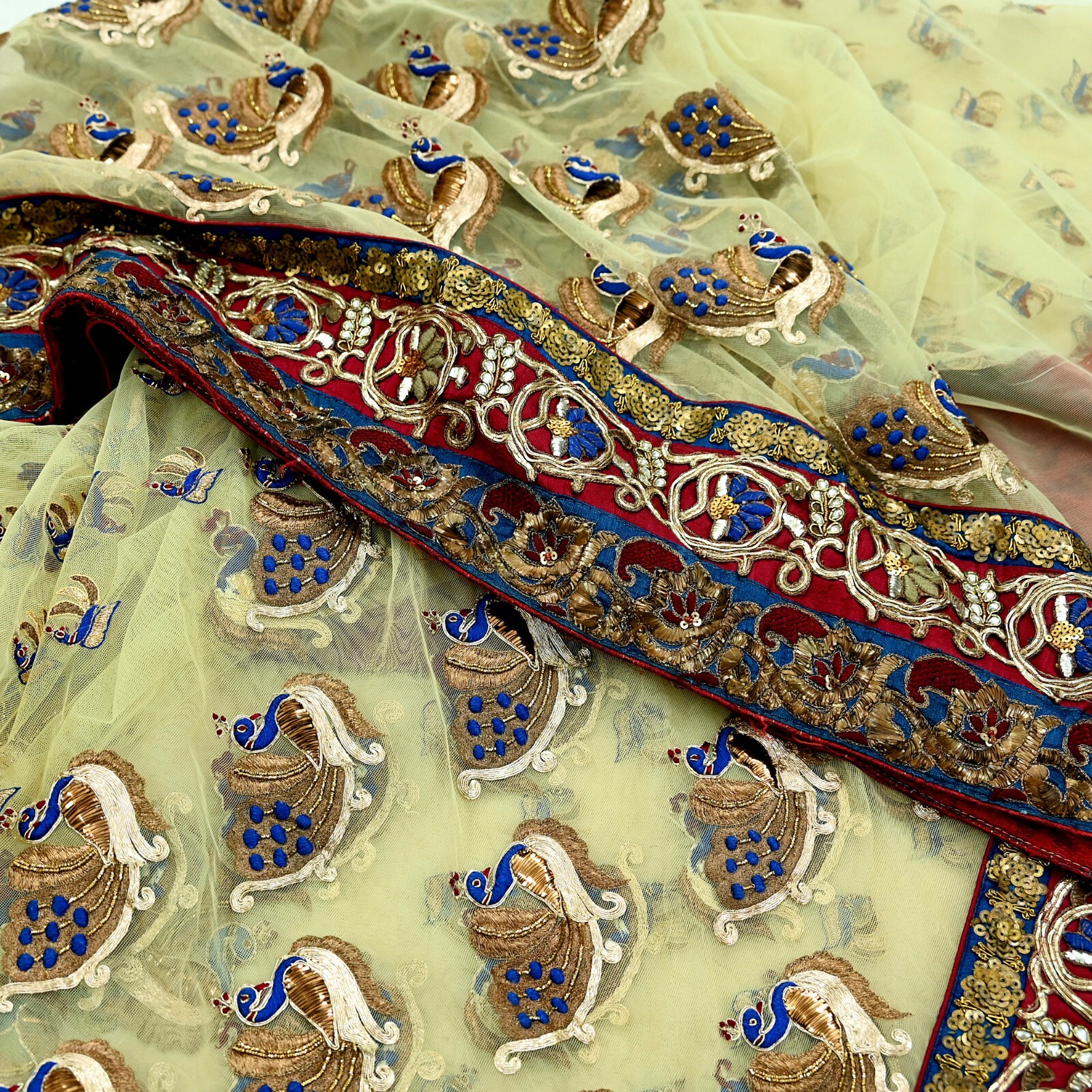 Indian Pre-owned Sari Ivory Net Hand Embroidered Anamika Khanna Designer Sarees