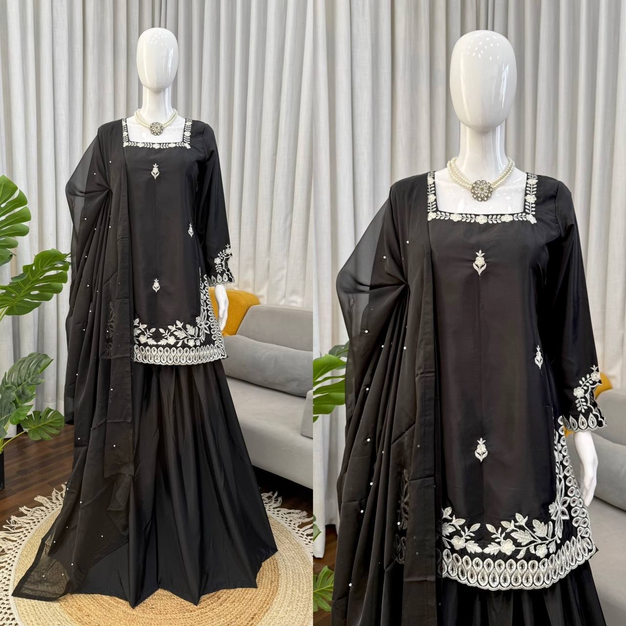 Presenting Heavy Natural Crep Black Top Palazzo With Dupatta For Party Wear