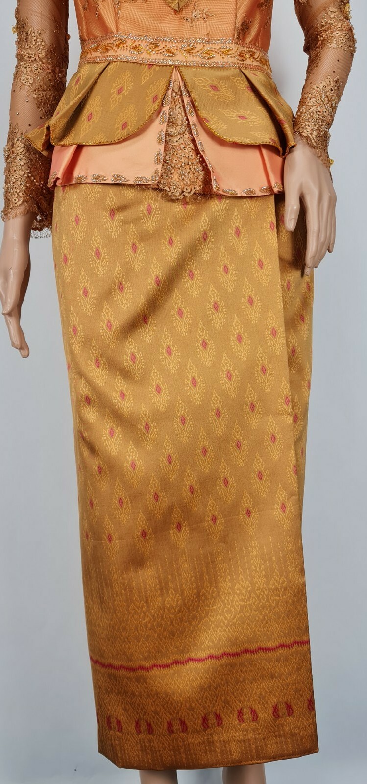 Cambodia Khmer Traditional Out fit Women Size L Gold Lace Korean Silk Skirt