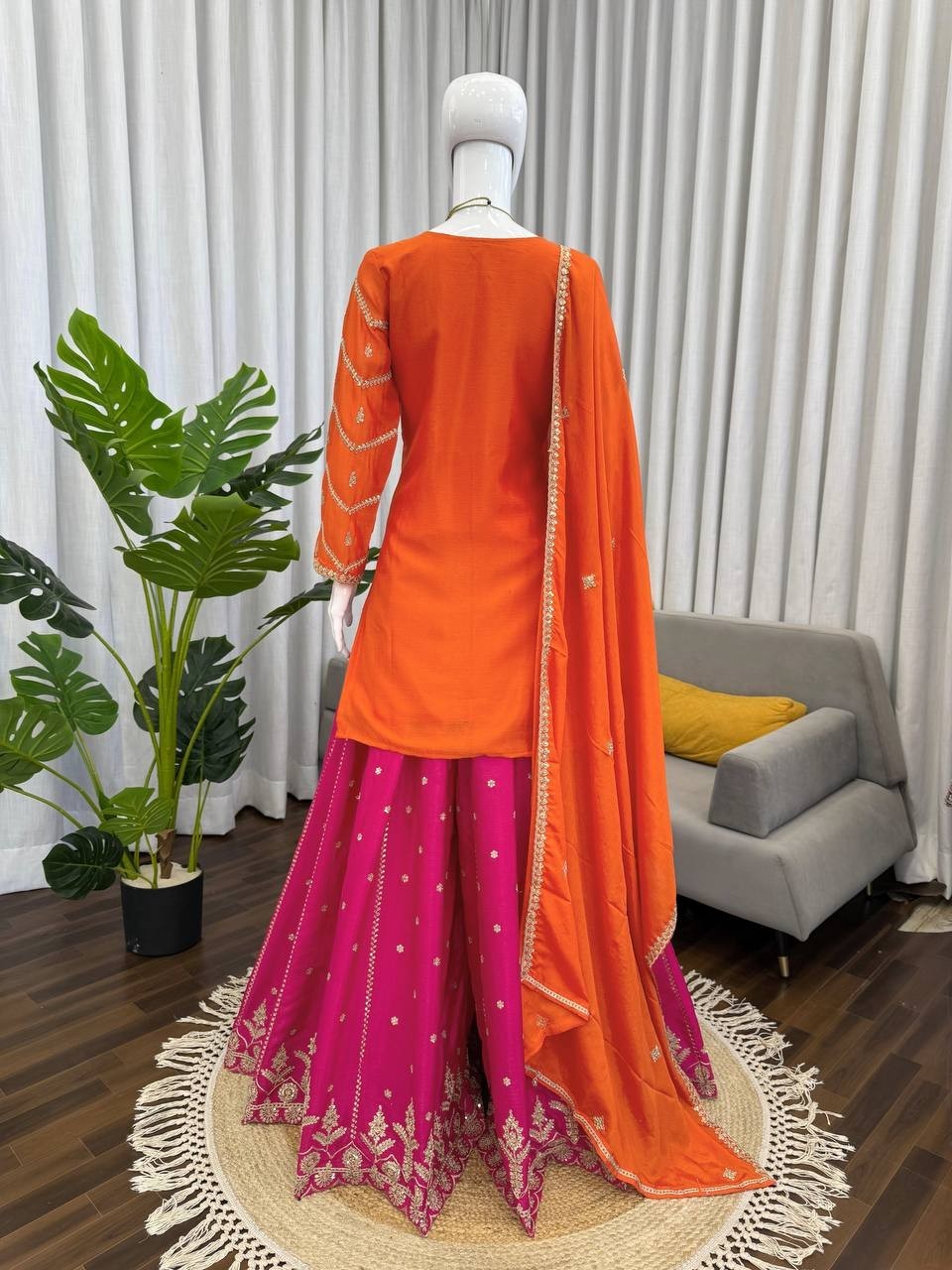 New Presenting Chinon Silk Orange Top Palazzo With Dupatta For Women & Girls