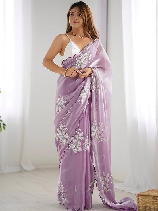 Women’s Shimmer Organza Sequence Embroidery Saree With Unstitched Blouse Piece