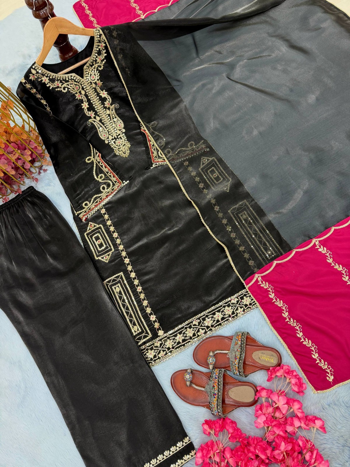 New Presenting Silk Black Salwar Kameez With Dupatta For Indian Festival Wear