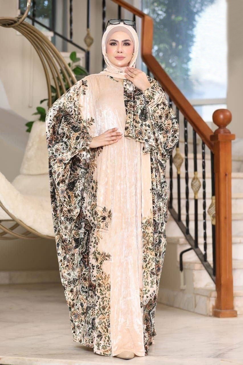 Women’s Velvet Kaftan Dress, Floral Pattern, Multicolor, Middle Eastern