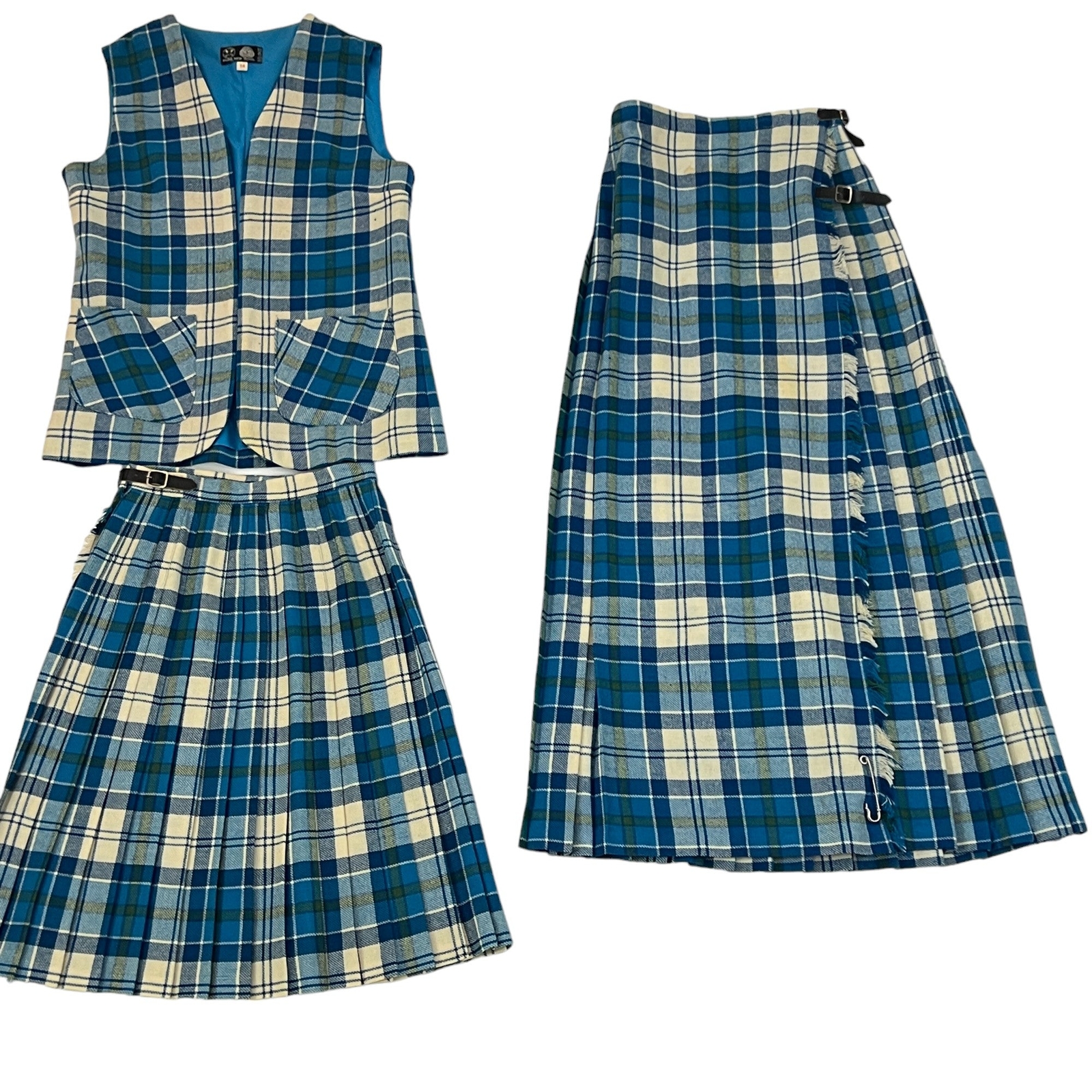 U28101 Vintage Scottish Pure Wool Kilt Set with Turquoise Blue Plaid Siz G2U