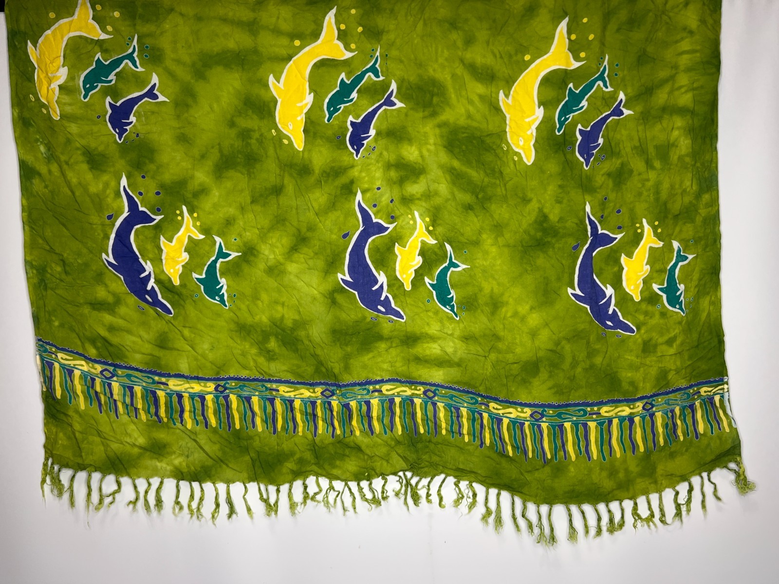 Indian Dolphin Scarf Green Fringe Shawl Wrap Sarong Fabric For Repurpose Craft