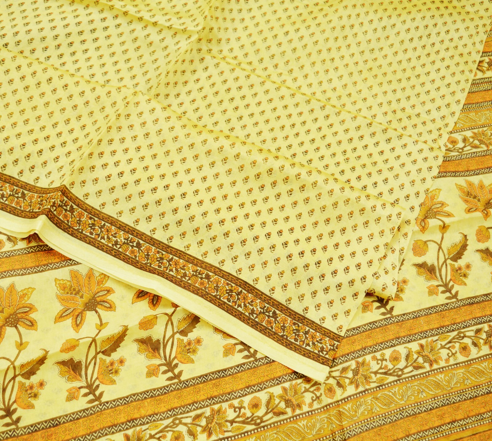 Indian Vintage Sari Beige Pure Silk Printed Sarees 5yd Sewing Craft Fabric Soft