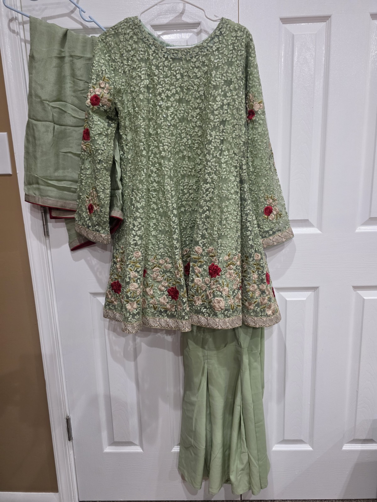 Pakistani 3Pc Embroidered Net Suit Green Gharara Kameez Wedding Party Size M