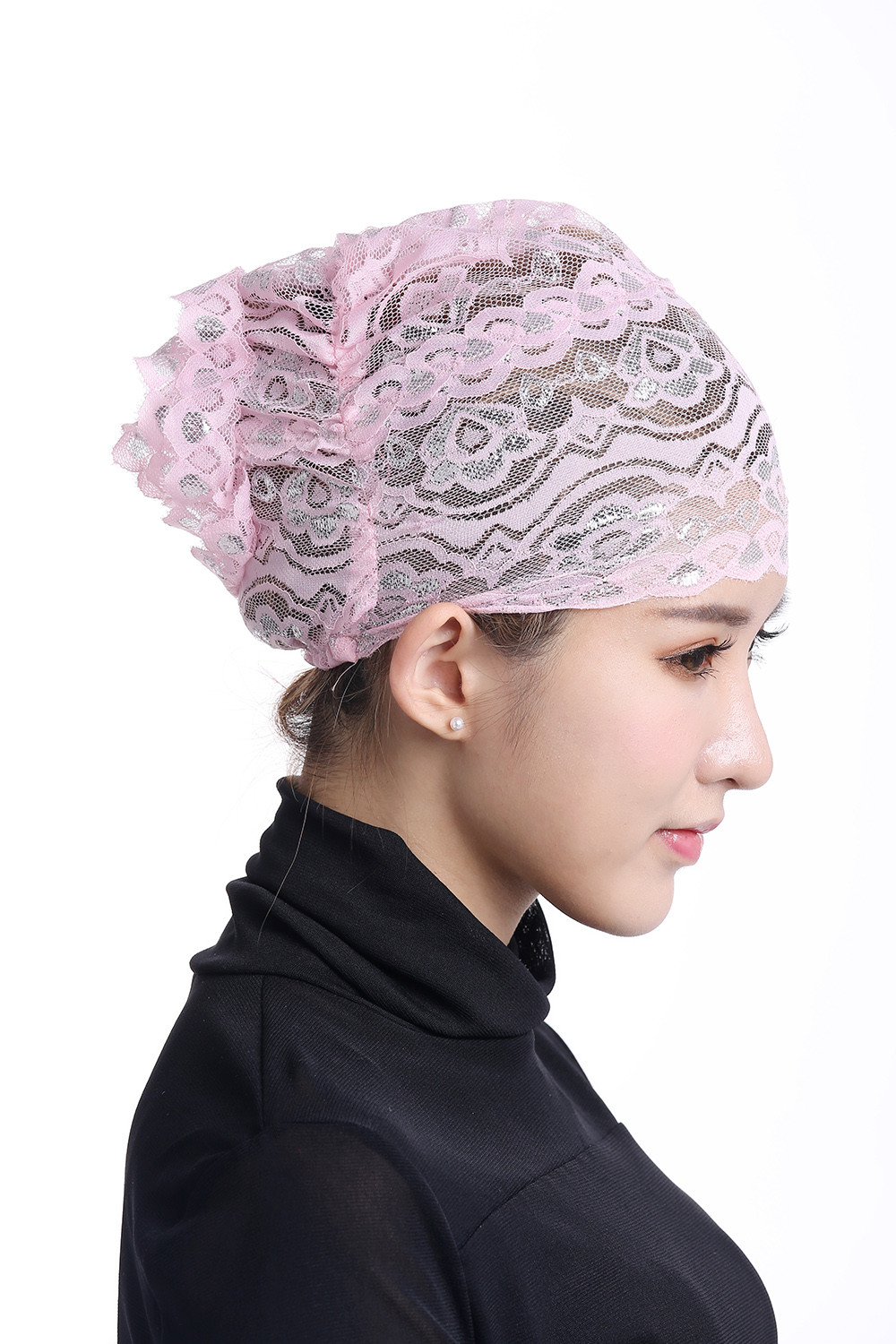 Muslim Womens Inner Hijab Cap Lace Flower Turban Headwear Islamic Headscarf Hats