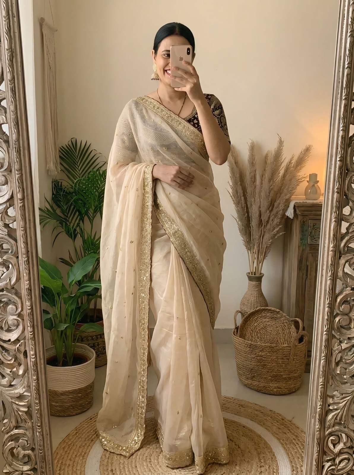 Off White Organza Saree Heavy Embroidered Designer Maroon Blouse Wedding Wear