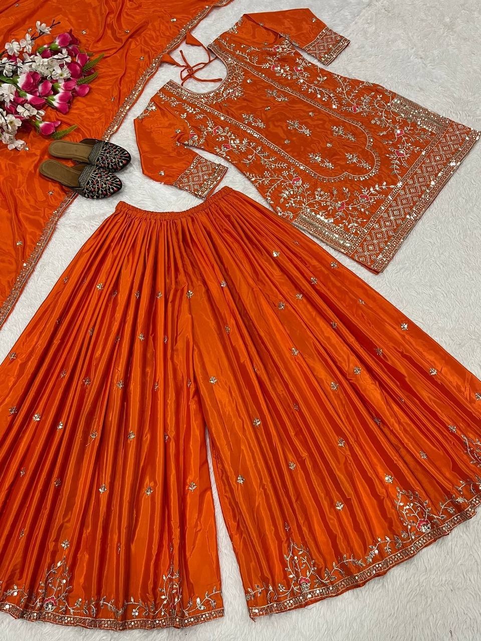 Attractive Look Natural Crep Orange Kurta Palazzo With Dupatta For Wedding Wear