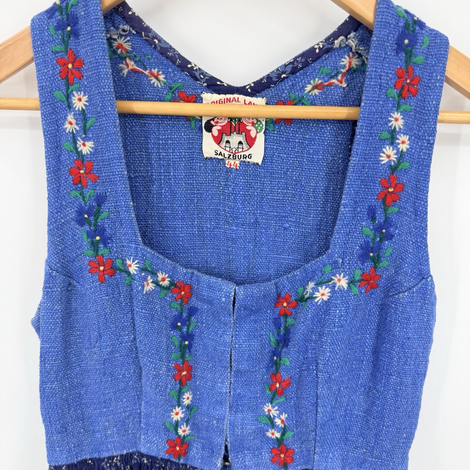 VTG 1950s Lanz German Bavarian Oktoberfest Embroidered Blue Sz 44 Dirndl Dress